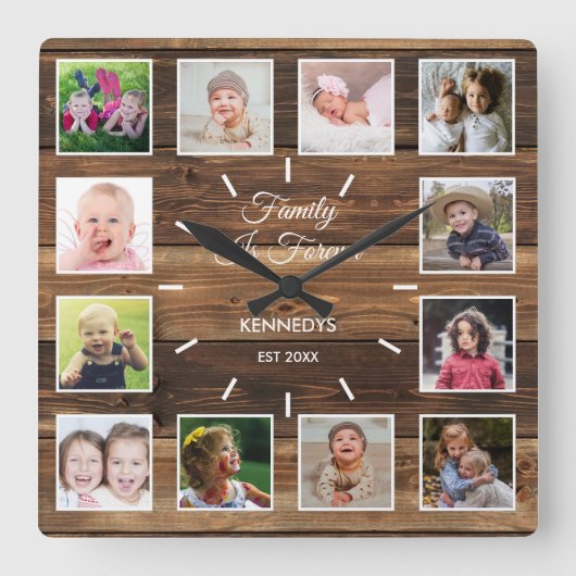 12フォトコラージュ家族は永遠の木素朴である スクエア壁時計 (正面)