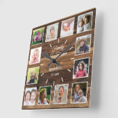 12フォトコラージュ家族は永遠の木素朴である スクエア壁時計 (傾斜)