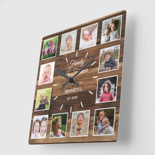 12フォトコラージュ家族は永遠の木素朴である スクエア壁時計 (傾斜)