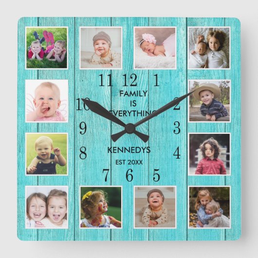12フォトコラージュ引用文ブルーウッドビーチハウス スクエア壁時計 (正面)