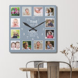 12フォトコラージュ時間と家族の引用文ダスティブルー スクエア壁時計<br><div class="desc">家族カスタムの引用文とインスパイアの写真の時計「家族と過ごす時間は毎秒価値がある」。12枚の家族の写真でパーソお気に入りのナライズ。</div>