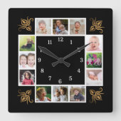 12フォトコラージュ独自の金ゴールドブラックを作成 スクエア壁時計 (正面)