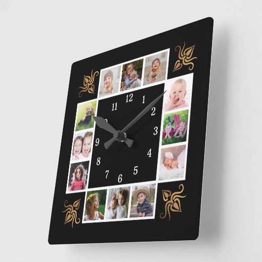 12フォトコラージュ独自の金ゴールドブラックを作成 スクエア壁時計 (傾斜)
