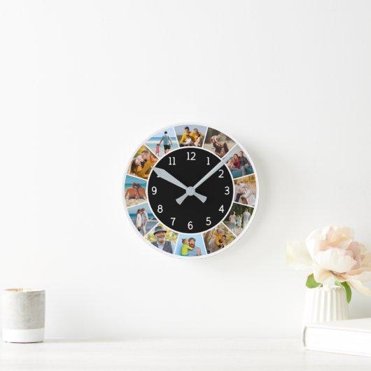 12フォトコラージュ白黒ファミリー&フレンド ラウンド壁時計 (ホーム)