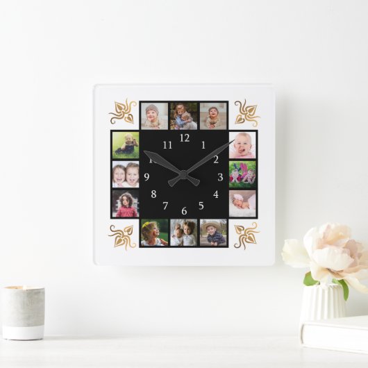 12フォトコラージュ自分の黒を作成 スクエア壁時計 (ホーム)