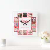 12フォトコラージュ赤パーソナライズされた色 スクエア壁時計 (ホーム)