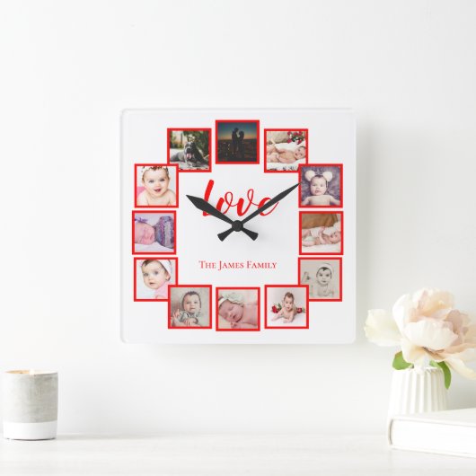 12フォトコラージュ赤パーソナライズされた色 スクエア壁時計 (ホーム)