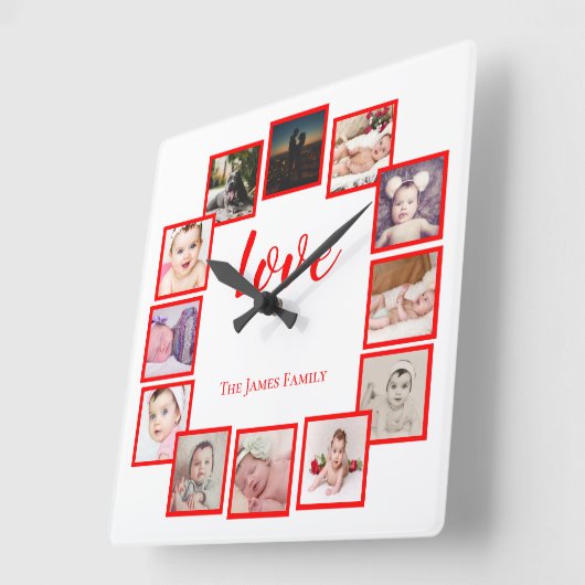 12フォトコラージュ赤パーソナライズされた色 スクエア壁時計 (傾斜)