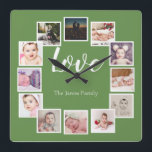 12フォトコラージョパーソナライズされたン緑 スクエア壁時計<br><div class="desc">12写真コラージュパーソナライズされたテンプレートの壁時計/緑…単に自分の写真と文字をこの壁時計に追加素晴らし..簡単をパーソナライズする…リカソからカスタマイズ可能な写真テンプレート時計 – 完璧なギフト – アイディア</div>