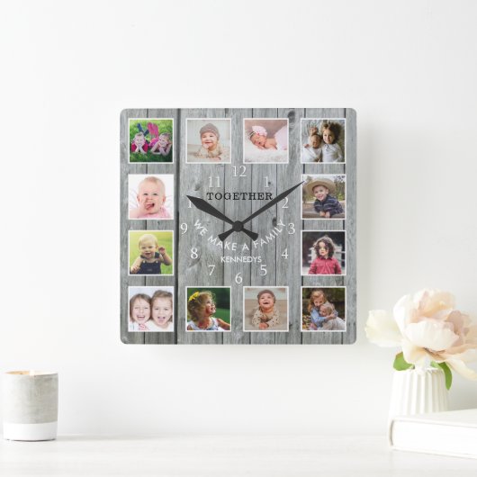 12フォトパーソナライズされたコラージュ引用文グレーウッド スクエア壁時計 (ホーム)