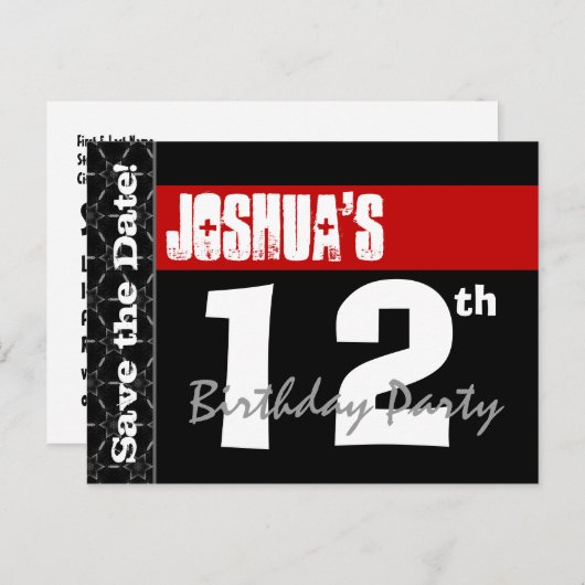 12モダン番目の誕生日日付を保存する赤い黒V003 案内ポストカード (正面/裏面)