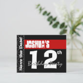 12モダン番目の誕生日日付を保存する赤い黒V003 案内ポストカード (スタンド正面)