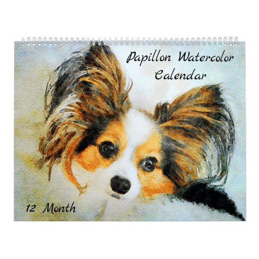 12ヶ月かわいいパピロン犬の水色絵画の カレンダー (カバー)