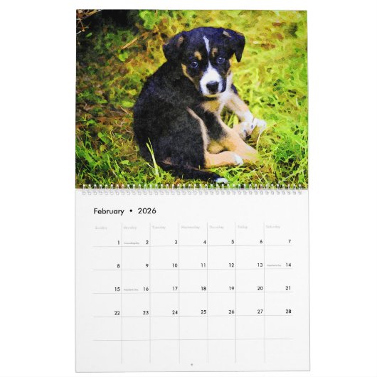 12ヶ月かわいい子犬ベビー犬の水色絵画の カレンダー (2月 2026)