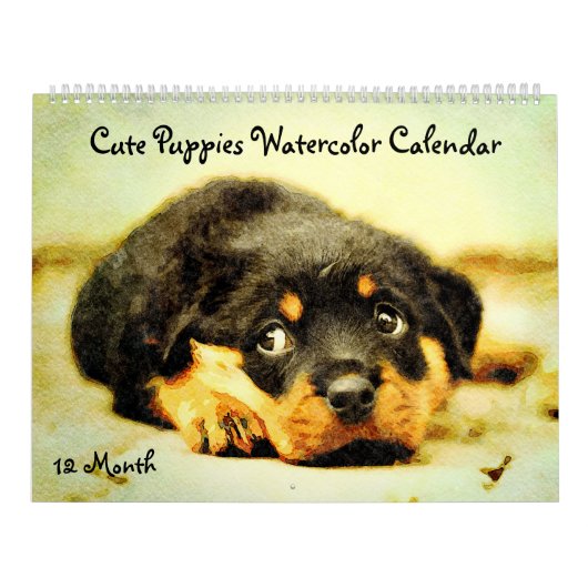 12ヶ月かわいい子犬ベビー犬の水色絵画の カレンダー (カバー)
