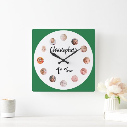 12ヶ月のベビー写真緑のカスタム スクエア壁時計 (ホーム)