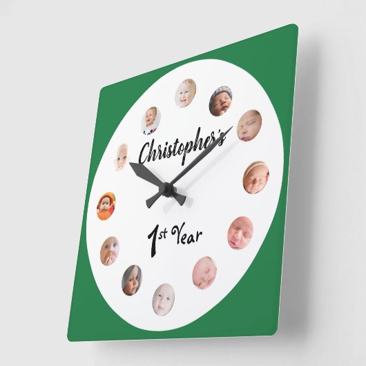 12ヶ月のベビー写真緑のカスタム スクエア壁時計 (傾斜)