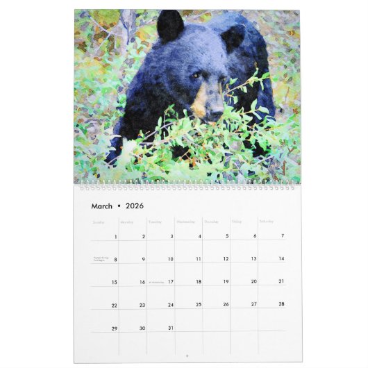 12ヶ月の美しいクマの野生動物絵画アート カレンダー (3月 2026)
