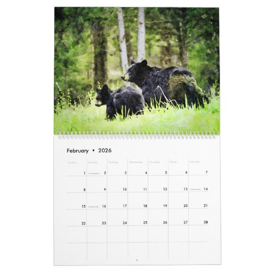 12ヶ月の美しいクマの野生動物絵画アート カレンダー (2月 2026)