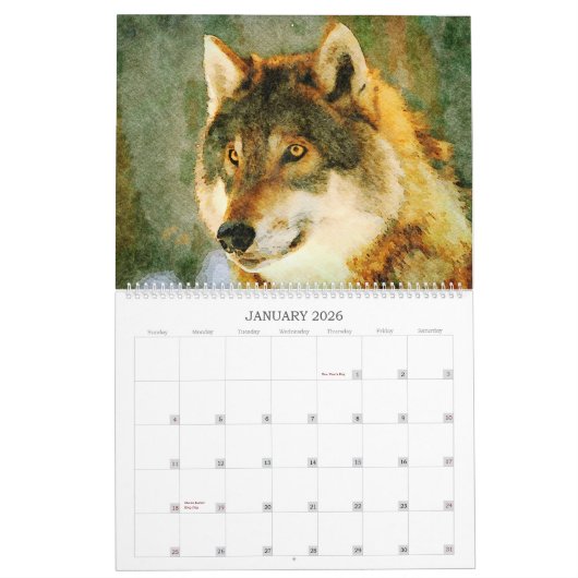 12ヶ月ウルフデコールウォーター色の狼絵画ズ カレンダー (1月 2026)