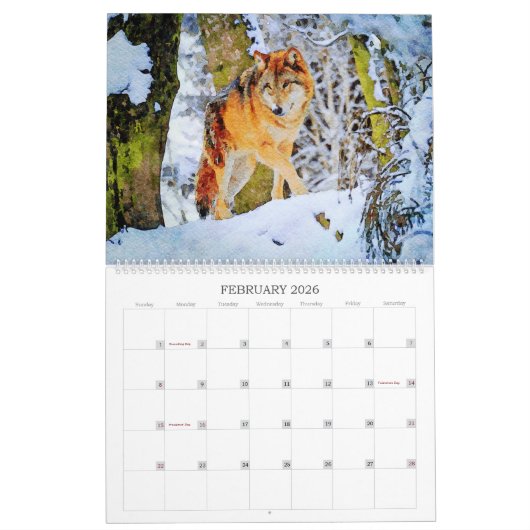 12ヶ月ウルフデコールウォーター色の狼絵画ズ カレンダー (2月 2026)