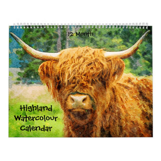 12ヶ月ハイランド牛の水彩画 カレンダー