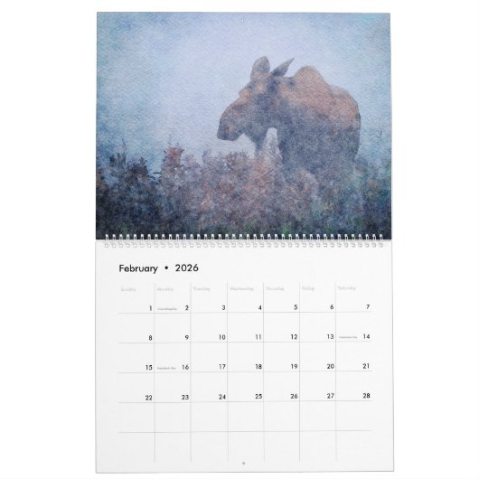 12ヶ月 – ムースの水の色絵画の野生生物アート カレンダー (2月 2026)