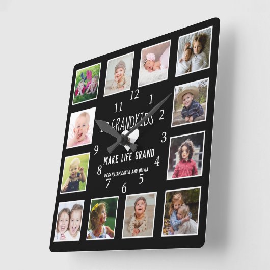 12人の孫写真が生き生きとした引用文を黒に スクエア壁時計 (傾斜)