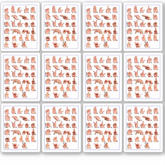 12個 アメリカ手話アルファベットボード、ASL シール (正面)