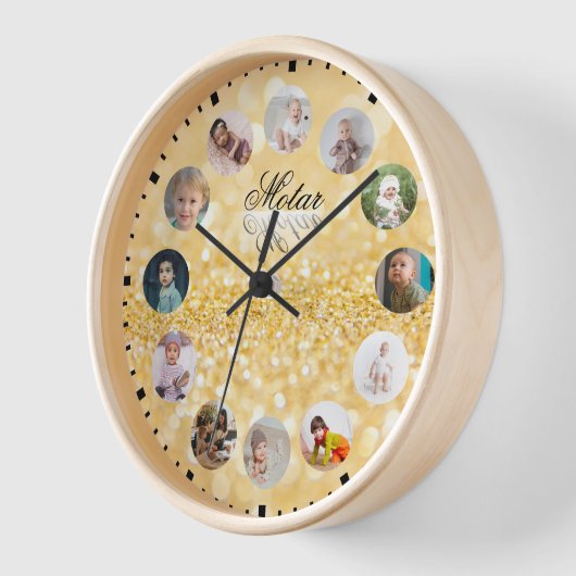 12写真コラージュ名パーソナライズされたゴールデンスタイル 壁時計 (傾斜)