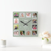12写真コラージュ時間と家族引用文セージ緑 スクエア壁時計 (ホーム)