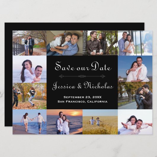 12写真コラージュ黒 – 6x8日付を保存 セーブザデート (正面/裏面)