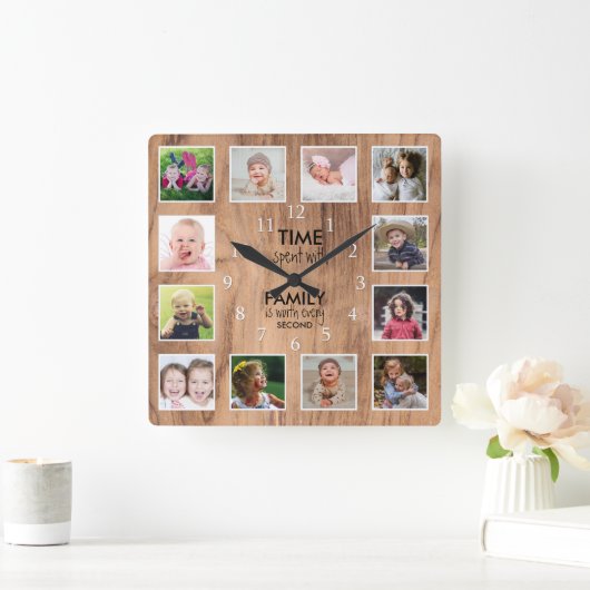 12写真テンプレートタイムウィズファミリー引用文農家 スクエア壁時計 (ホーム)