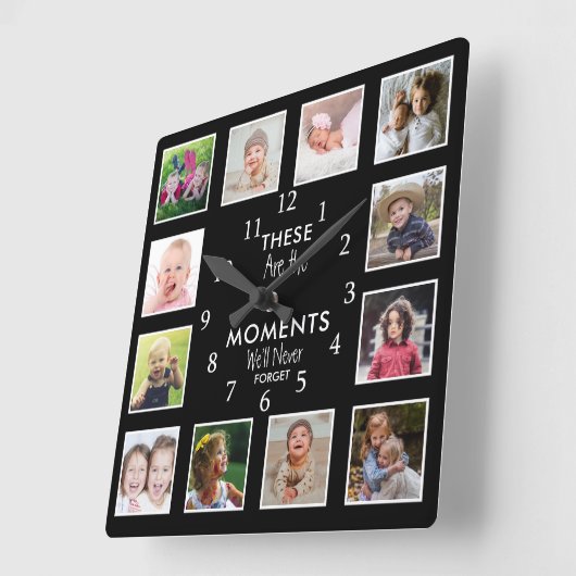 12写真テンプレートモーメントとファミリ引用文ブラック スクエア壁時計 (傾斜)