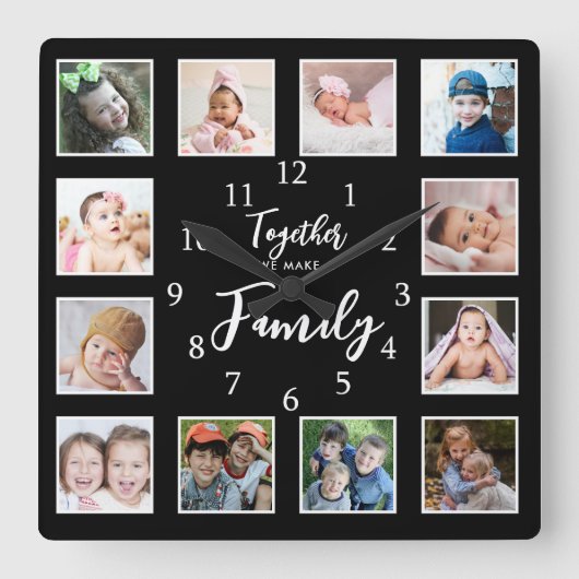12写真テンプレート一緒にファミリ引用文ブラックを作成 スクエア壁時計 (正面)