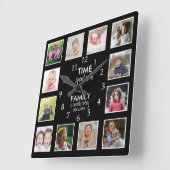 12写真テンプレート時間とファミリー引用文ブラック スクエア壁時計 (傾斜)