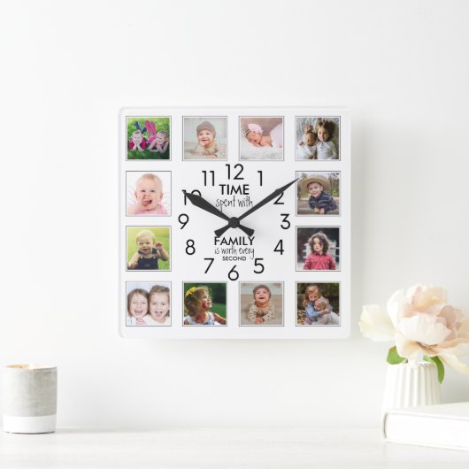 12写真テンプレート時間とファミリ引用文白 スクエア壁時計 (ホーム)