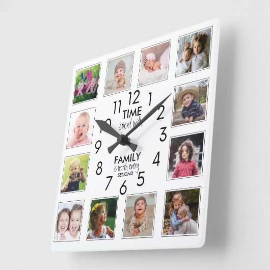 12写真テンプレート時間とファミリ引用文白 スクエア壁時計 (傾斜)