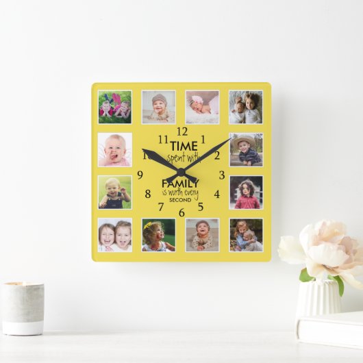 12写真テンプレート時間とファミリ引用文黄色 スクエア壁時計 (ホーム)
