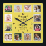 12写真テンプレート時間とファミリ引用文黄色 スクエア壁時計<br><div class="desc">家族カスタムの引用文とインスパイアの写真の時計「家族と過ごす時間は毎秒価値がある」。12枚の家族の写真でパーソお気に入りのナライズ。</div>