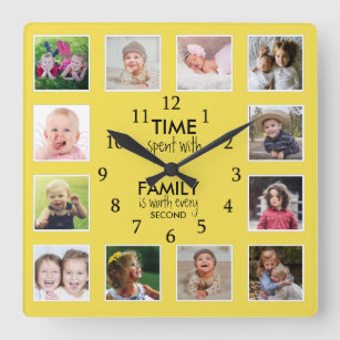 12写真テンプレート時間とファミリ引用文黄色 スクエア壁時計