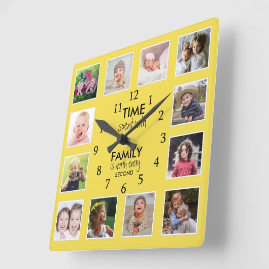 12写真テンプレート時間とファミリ引用文黄色 スクエア壁時計 (傾斜)