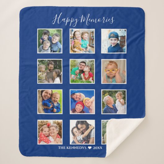 12写真パーソナライズされたコラージュの家族の名前ブルー シェルパブランケット (正面)