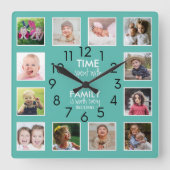 12写真モダンコラージュ家族の時間引用文ティール(緑がかった色) スクエア壁時計 (正面)