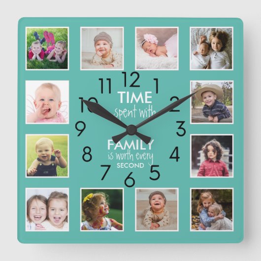 12写真モダンコラージュ家族の時間引用文ティール（緑がかった色） スクエア壁時計 (正面)