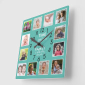 12写真モダンコラージュ家族の時間引用文ティール(緑がかった色) スクエア壁時計 (傾斜)