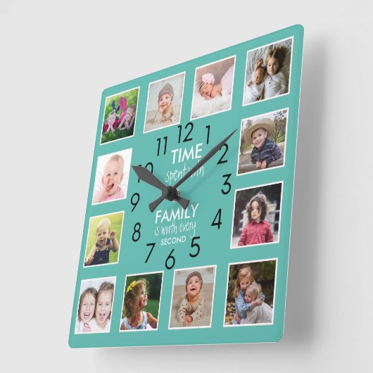 12写真モダンコラージュ家族の時間引用文ティール(緑がかった色) スクエア壁時計 (傾斜)