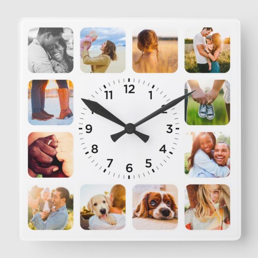 12写真丸いホワイトウォールクロック スクエア壁時計 (正面)