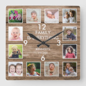 12写真素朴コラージュ家族引用文再生木材 スクエア壁時計 (正面)