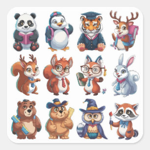12匹の新学期かわいい動物 スクエアシール